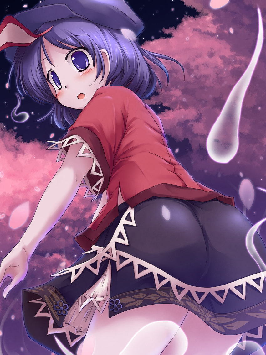 ass blush cherry_blossoms from_behind ghost hat highres hitodama jiangshi looking_back lzh miyako_yoshika ofuda petals purple_eyes purple_hair shirt short_hair skirt solo touhou