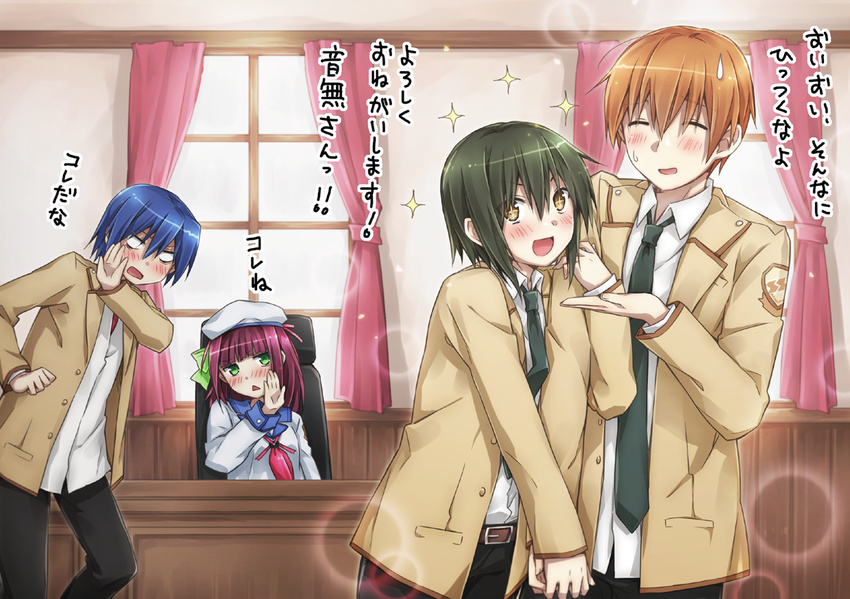 1girl 3boys alternate_costume angel_beats! bad_id bad_pixiv_id beret blue_hair brown_hair green_hair hat hinata_(angel_beats!) multiple_boys naoi_ayato natsu_natsuna otonashi_(angel_beats!) purple_hair school_uniform serafuku shinda_sekai_sensen_uniform short_hair sparkle table translated yuri_(angel_beats!)