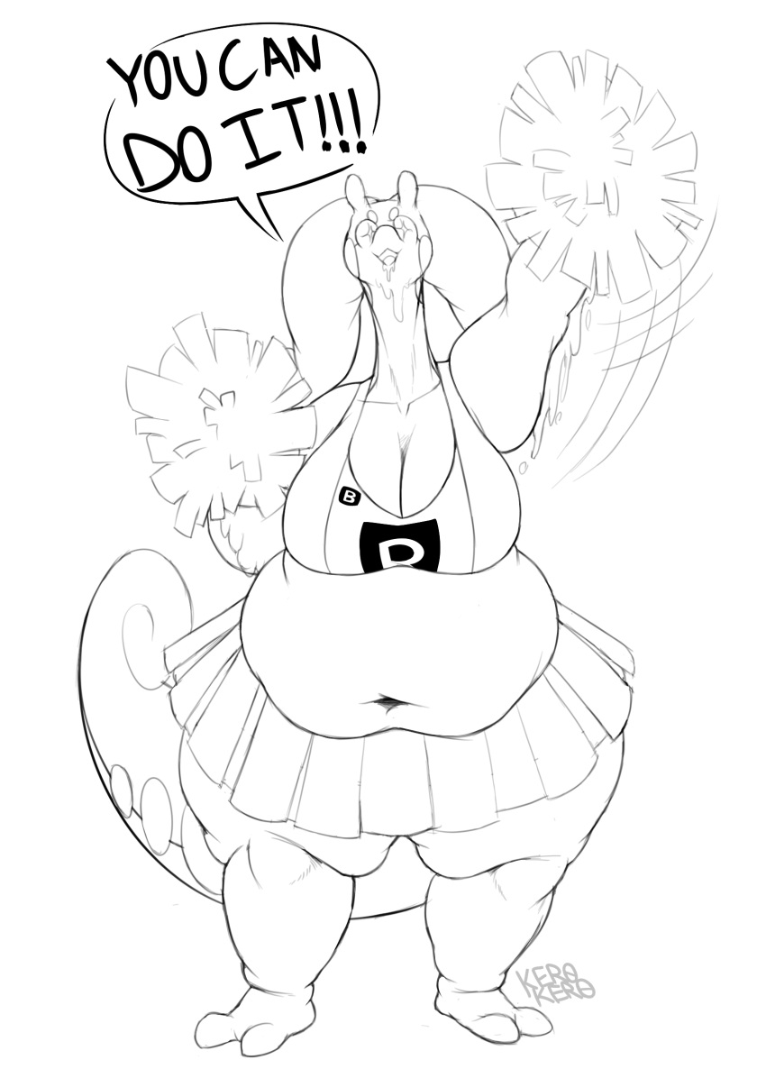 anthro belly big_belly big_breasts black_and_white breasts cheerleader cleavage clothed clothing conditional_dnp deep_navel female front_view goodra hi_res huge_breasts ker0ker0_(artist) looking_at_viewer midriff monochrome navel nintendo obese overweight overweight_female pok&eacute;mon pok&eacute;mon_(species) pompoms signature skirt slime solo thick_thighs video_games wide_hips