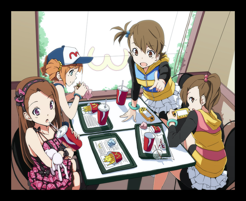 brown_eyes brown_hair futami_ami futami_mami green_eyes highres idolmaster idolmaster_(classic) minase_iori multiple_girls open_mouth short_hair siblings side_ponytail sisters takatsuki_yayoi tsuttsu