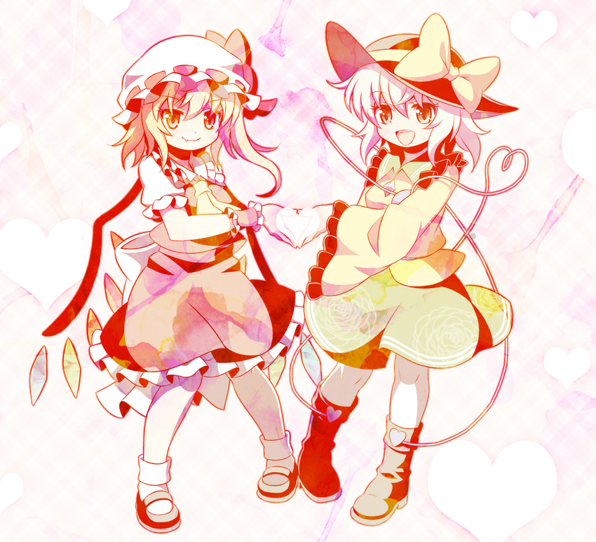 ascot azuma_takeshi_(andon_kandelaar) fang flandre_scarlet hat hat_ribbon heart heart_hands heart_hands_duo highres komeiji_koishi long_sleeves multiple_girls open_mouth ribbon shirt side_ponytail skirt smile third_eye touhou wings wrist_cuffs