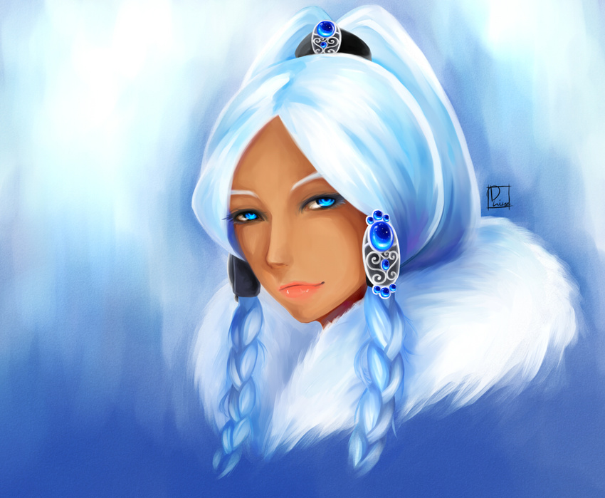 avatar_the_last_airbender blue blue_eyes body_piercing braids earrings jewelry long_hair smile solo white_hair yue
