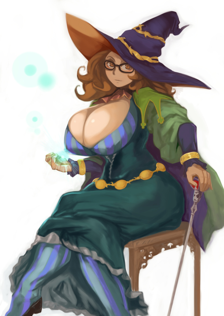 absurdres breasts brown_eyes brown_hair cape chair cleavage cravat crossed_legs curly_hair glasses grand_knights_history hat high_heels highres huge_breasts jewelry long_hair magic muse_cromwell pantyhose ring scepter shoes sitting solo witch_hat zarusobababa