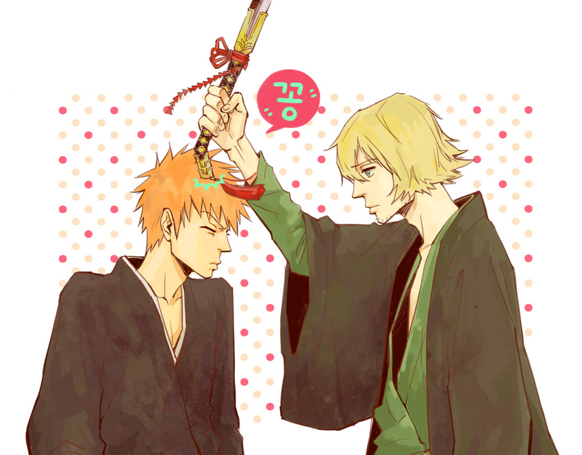 2boys bleach blonde_hair green_eyes katana kim_pang-e kurosaki_ichigo multiple_boys orange_hair short_hair sword urahara_kisuke weapon