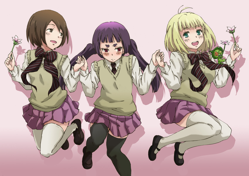 ao_no_exorcist black_legwear blonde_hair blush brown_eyes brown_hair eyebrows flower green_eyes highres holding_hands jumping kamiki_izumo long_hair moriyama_shiemi multiple_girls necktie nii_(ao_no_exorcist) open_mouth paku_noriko purple_hair red_eyes school_uniform short_eyebrows short_hair striped striped_neckwear suneo_(goten) thighhighs white_legwear