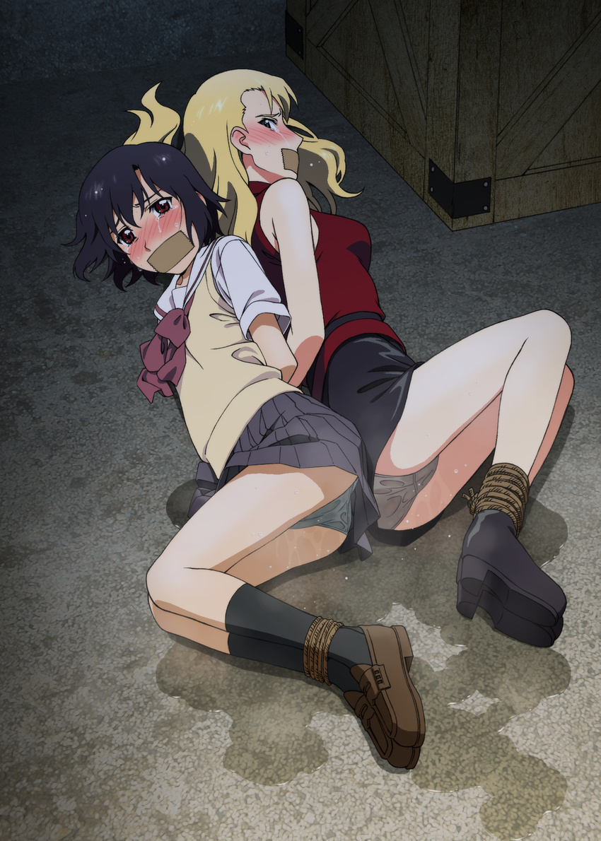 2girls arms_behind_back bdsm blush bondage bound footwear gag gagged highres improvised_gag mireille_bouquet multiple_girls noir panties pantyshot peeing peeing_self rope shikuchin skirt socks tape tape_gag tapegag tears tied_up underwear upskirt yuumura_kirika