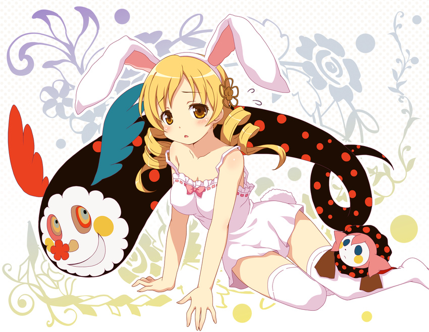 :o animal_ears arm_support blonde_hair blush breasts bunny_ears camisole charlotte_(madoka_magica) drill_hair fake_animal_ears hair_ornament hairband long_hair looking_at_viewer mahou_shoujo_madoka_magica medium_breasts off_shoulder short_hair sitting thighhighs tomoe_mami twin_drills twintails underwear underwear_only white_legwear yamasan yellow_eyes yokozuwari