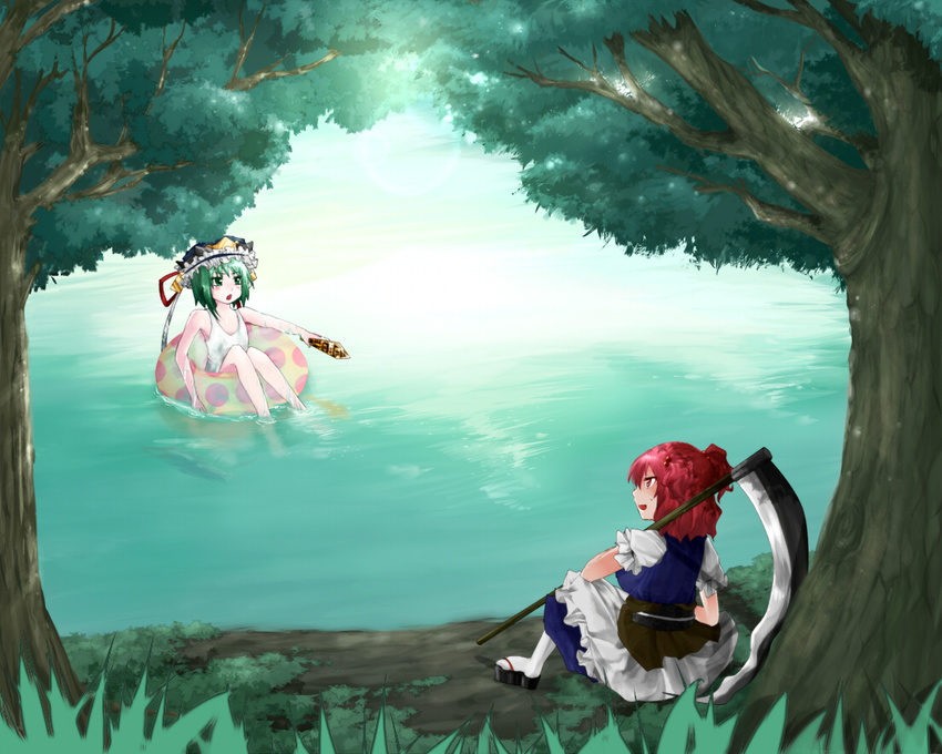 bad_id bad_pixiv_id banned_artist green_eyes green_hair hair_bobbles hair_ornament innertube lake multiple_girls onozuka_komachi red_eyes red_hair rod_of_remorse runamatu scythe shiki_eiki short_hair swimsuit touhou water