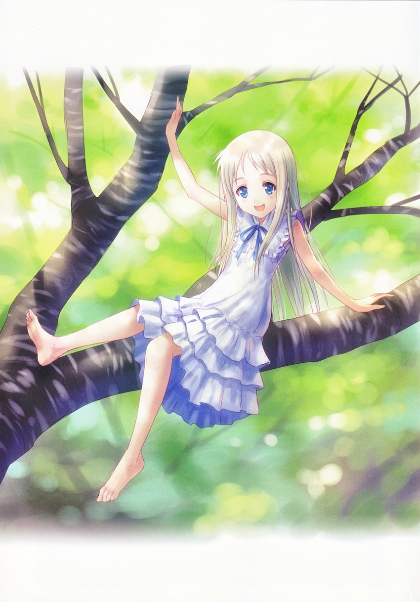 absurdres ano_hi_mita_hana_no_namae_wo_bokutachi_wa_mada_shiranai. bad_id bad_yandere_id barefoot blue_eyes dress goto_p happy highres honma_meiko in_tree long_hair open_mouth silver_hair sitting sitting_in_tree sleeveless sleeveless_dress solo tree