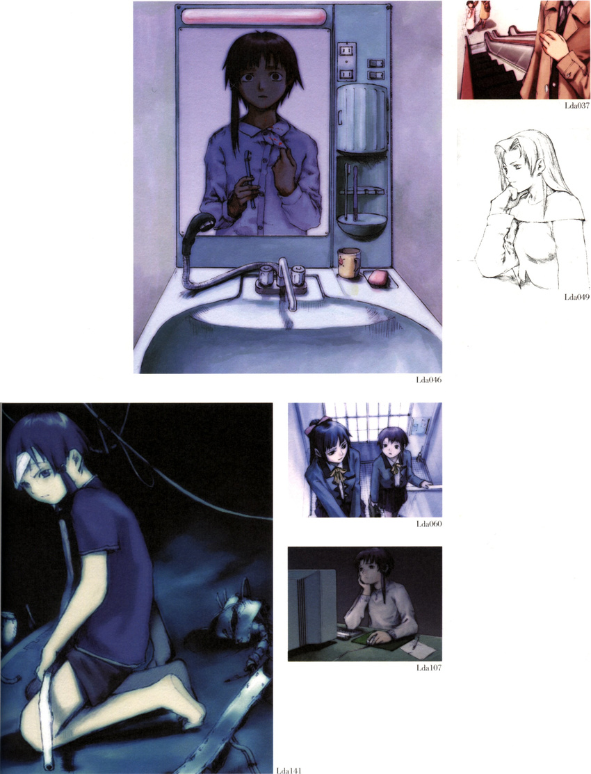 abe_yoshitoshi absurdres artbook bandages barefoot bathroom blazer broken brown_eyes brown_hair brushing_teeth character_request computer cup escalator from_above highres iwakura_lain jacket kneeling mirror mouse_(computer) multiple_girls official_art partially_colored scan school_uniform serial_experiments_lain short_hair sink sketch stairs toothbrush traditional_media window yonera_touko