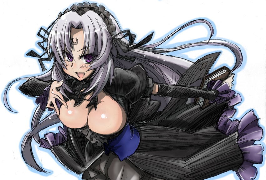 book breasts cleavage detached_sleeves facial_mark forehead_mark gothic_lolita grey_hair headband jinguuji_kuesu kin large_breasts lolita_fashion long_hair omamori_himari purple_eyes solo