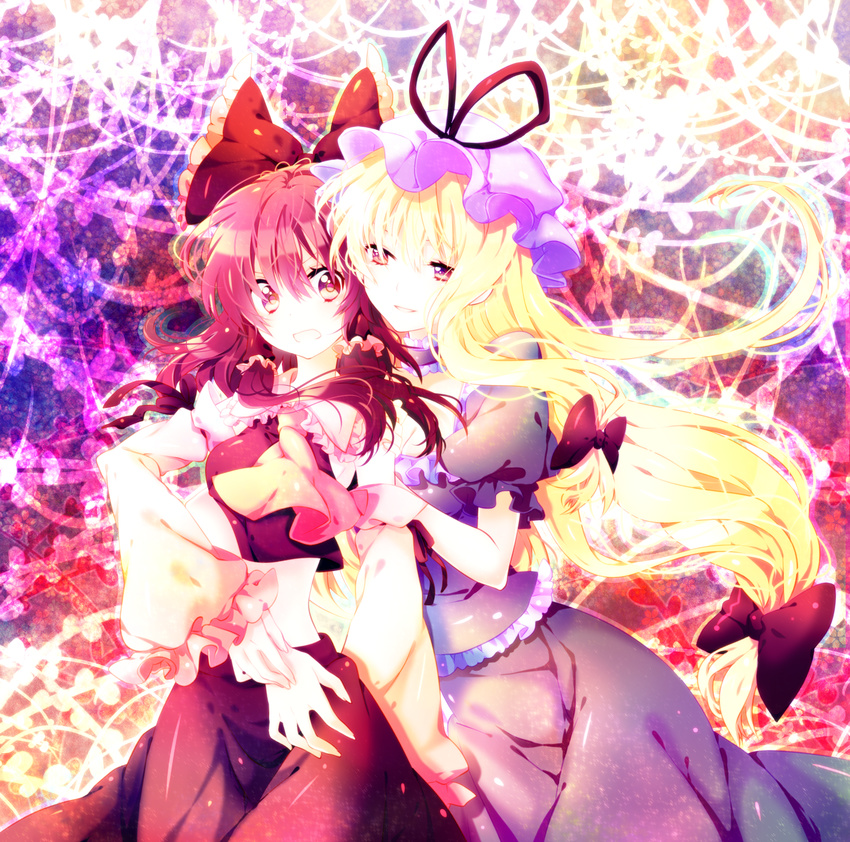 bad_id bad_pixiv_id blonde_hair bow choker detached_sleeves hair_bow hakurei_reimu hand_on_shoulder hat hat_ribbon highres hug hug_from_behind large_bow long_hair multicolored multicolored_eyes multiple_girls pink_eyes purple_eyes red_hair ribbon riichu smile surprised touhou yakumo_yukari