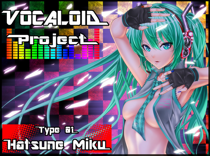 bad_id bad_pixiv_id breasts character_name checkered cleavage fingerless_gloves gloves green_eyes green_hair hatsune_miku headset highres large_breasts long_hair multicolored multicolored_nails nail_polish necktie solo vocaloid zucchini