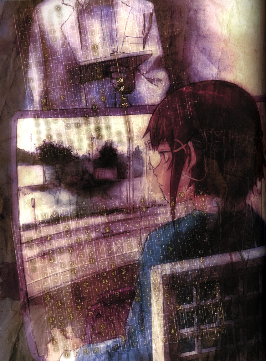 abe_yoshitoshi absurdres artbook backpack bag brown_eyes brown_hair chair clipboard from_behind highres iwakura_lain labcoat official_art scan screen serial_experiments_lain short_hair sitting