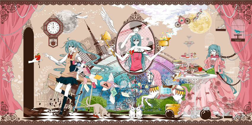 aircraft airplane apple aqua_eyes aqua_hair axe bad_id bad_pixiv_id bag bird book bunny cage cake camisole cat chain clock collar curtains digital_media_player dress flower food fruit glasses haruichi_(haru123) hatsune_miku highres horse ipod long_hair moon mouse pastry reading romeo_to_cinderella_(vocaloid) rose school_uniform sitting smile twintails very_long_hair vocaloid weapon wings