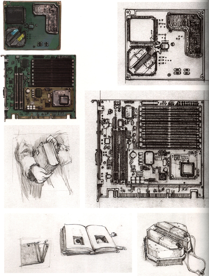 absurdres artbook circuit_board greyscale highres monochrome no_humans official_art scan serial_experiments_lain sketch traditional_media