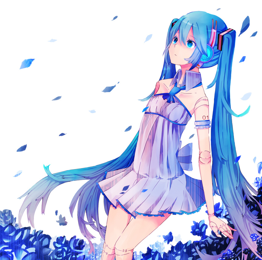 bad_id bad_pixiv_id blue_eyes blue_hair doll_joints expressionless flower hatsune_miku headphones highres itamidome long_hair petals solo twintails very_long_hair vocaloid