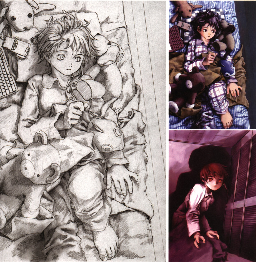 abe_yoshitoshi artbook asymmetrical_hair barefoot bed brown_eyes brown_hair cellphone checkered computer door highres iwakura_lain laptop looking_back lying official_art pajamas partially_colored phone plaid red_eyes scan serial_experiments_lain shadow short_hair sketch squatting striped stuffed_animal stuffed_toy teddy_bear traditional_media