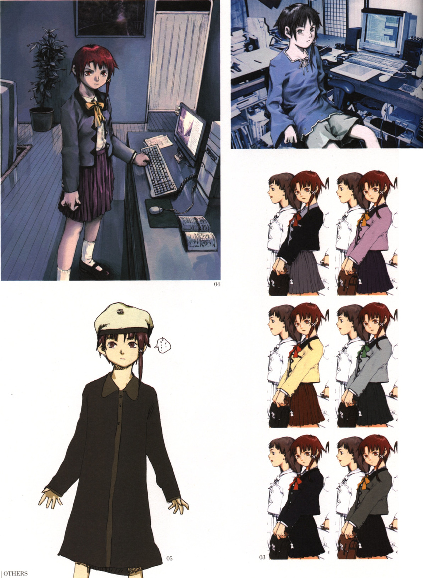 abe_yoshitoshi absurdres artbook bag book brown_eyes brown_hair chair character_sheet computer desk dress game_console hat highres iwakura_lain keyboard_(computer) mouse_(computer) office_chair official_art plant playstation scan school_bag school_uniform serial_experiments_lain short_hair shorts sitting skirt