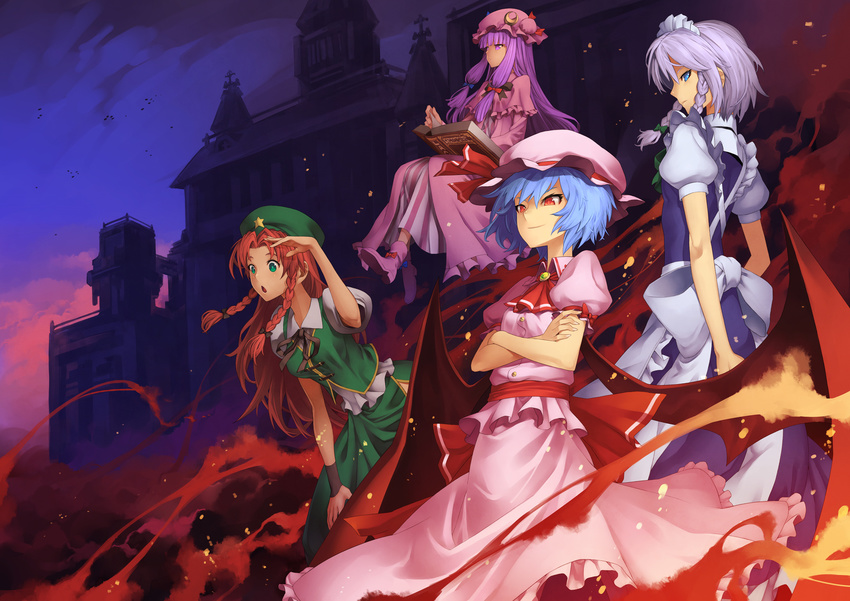 :o bat_wings blue_eyes blue_hair book braid china_dress chinese_clothes cloud crossed_arms dress green_eyes hair_ribbon hat highres hong_meiling izayoi_sakuya kunieda long_hair maid multiple_girls patchouli_knowledge purple_eyes purple_hair red_eyes red_hair remilia_scarlet ribbon scarlet_devil_mansion short_hair silver_hair sky staring touhou twin_braids wings