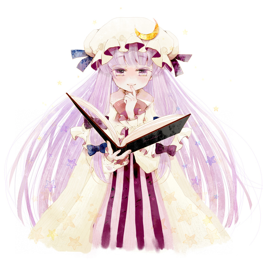 bad_id bad_pixiv_id banned_artist book hat highres matoba patchouli_knowledge purple_hair ribbon smile solo touhou