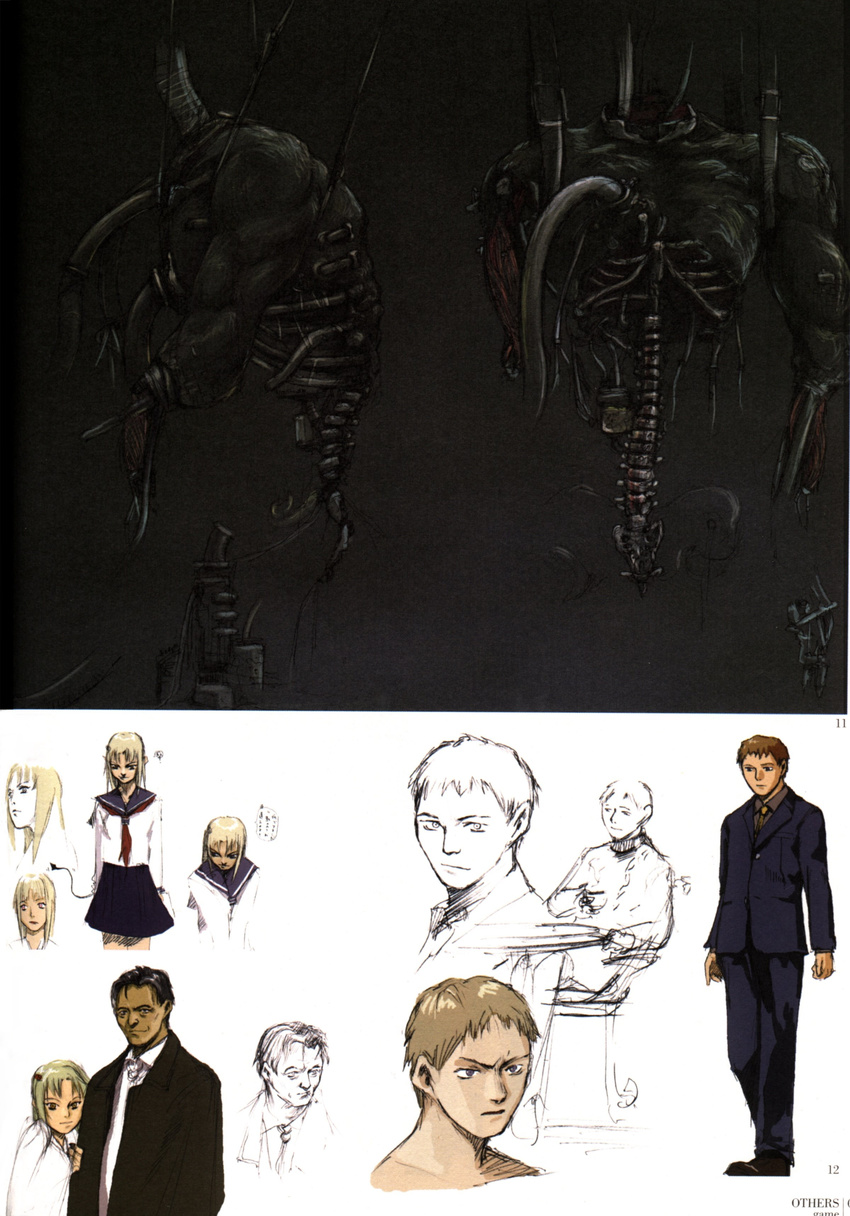 2boys abe_yoshitoshi absurdres artbook brown_eyes brown_hair character_sheet formal highres multiple_boys official_art partially_colored scan school_uniform serafuku serial_experiments_lain short_hair sketch suit traditional_media
