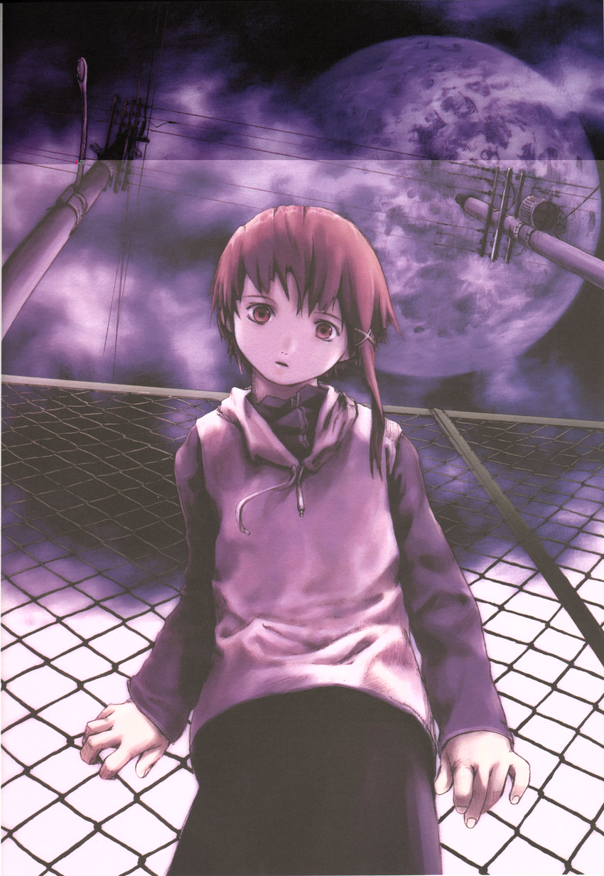 abe_yoshitoshi absurdres artbook brown_eyes brown_hair chain-link_fence cloud fence from_below head_tilt highres hood hoodie iwakura_lain lamppost looking_down moon official_art power_lines purple scan serial_experiments_lain short_hair skirt sky solo telephone_pole transformer