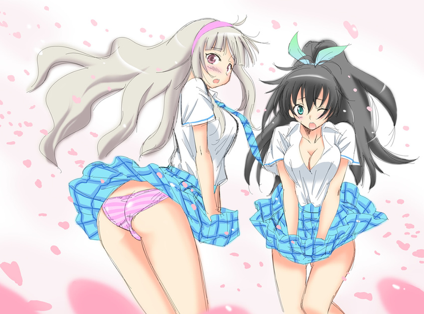 ass bad_id bad_pixiv_id black_hair blush breasts cleavage ganaha_hibiki green_eyes grey_hair hair_ribbon headband idolmaster idolmaster_(classic) large_breasts marugoshi_teppei multiple_girls one_eye_closed open_clothes open_shirt panties pantyshot petals pink_eyes plaid plaid_skirt pleated_skirt ponytail ribbon shijou_takane shirt skirt underwear wind