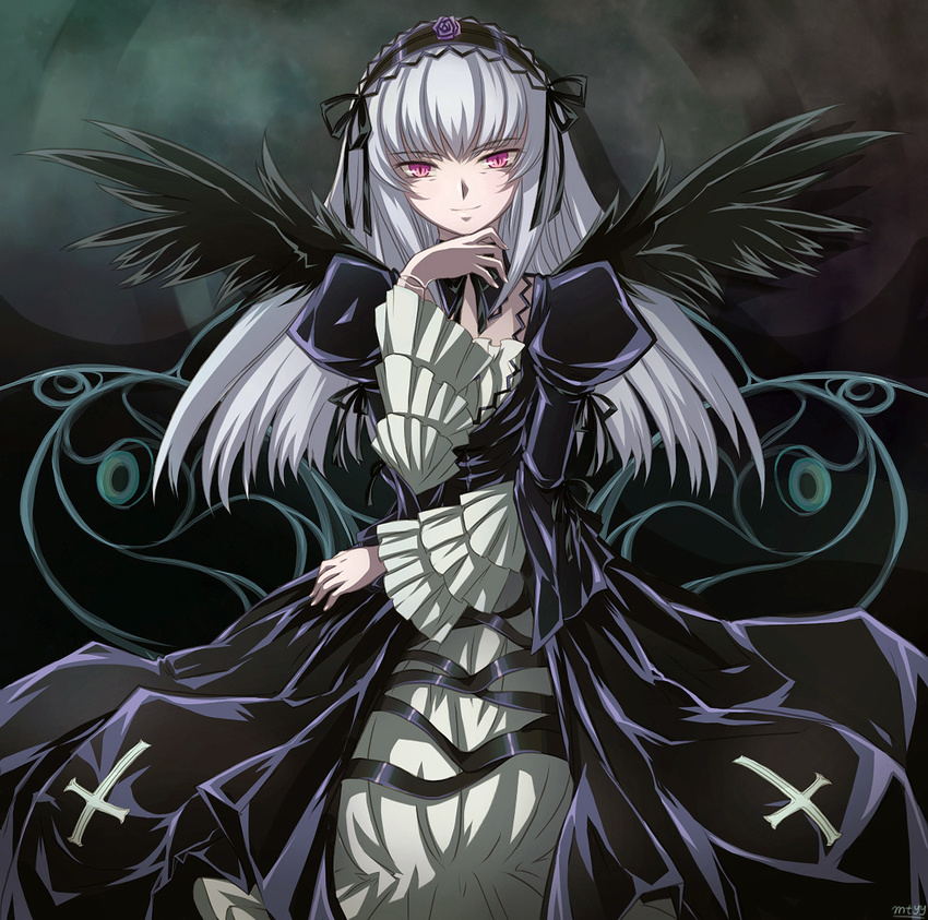 doll_joints dress frills hairband looking_at_viewer mtyy purple_eyes rozen_maiden silver_hair solo suigintou wings