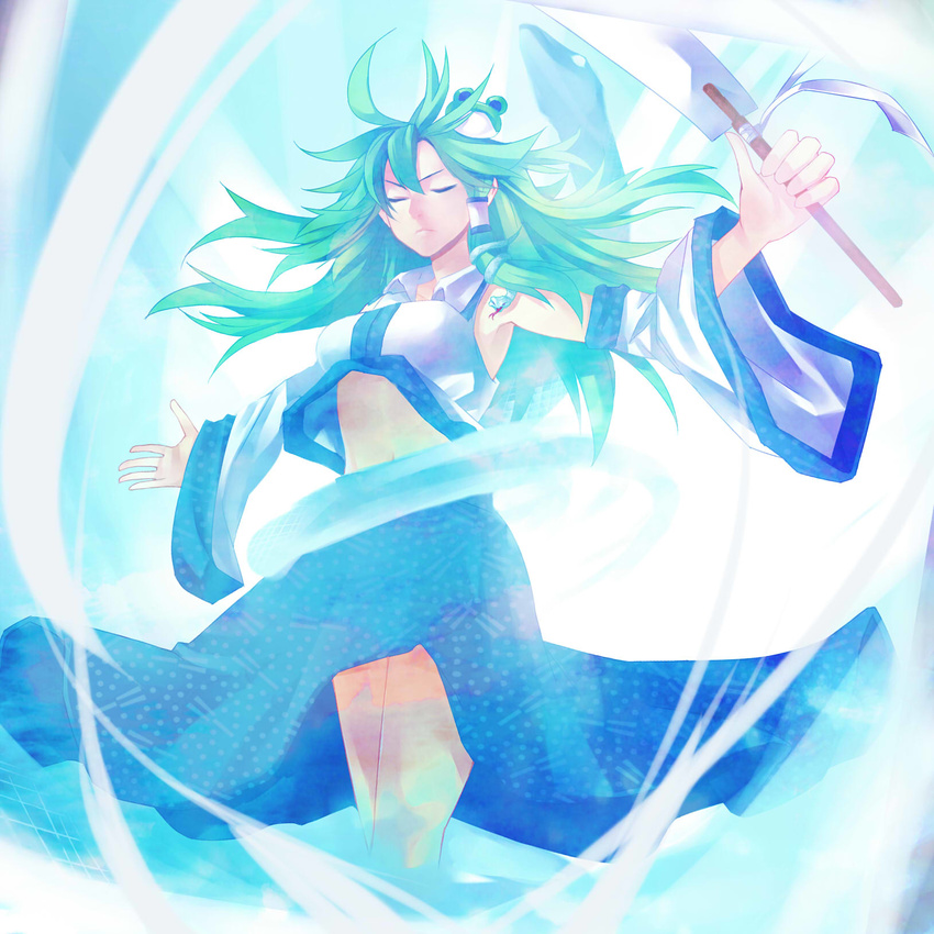 closed_eyes concentrating detached_sleeves floating_hair frog green_hair hair_ornament highres hitoto kochiya_sanae long_hair magic outstretched_arms snake solo spread_arms touhou