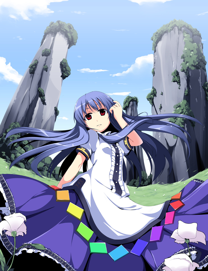 blue_hair cloud day dress embellished_costume fisheye flower frills fujy highres hinanawi_tenshi long_hair no_hat no_headwear red_eyes rock scenery sky solo touhou