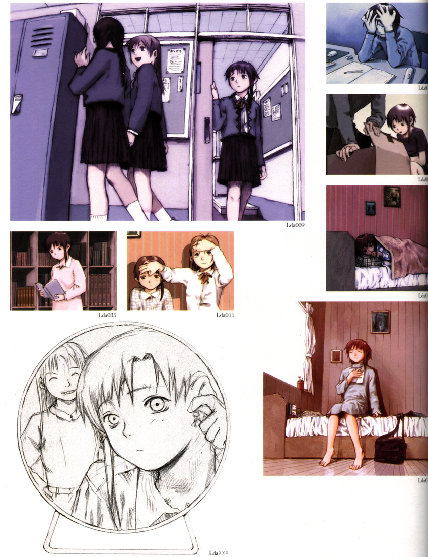 abe_yoshitoshi absurdres artbook bag bed blanket blazer book box brown_eyes brown_hair cardboard_box chalkboard character_request desk door dress earrings fever grin hand_on_another's_face hands_on_own_face highres iwakura_lain iwakura_mika jacket jewelry locker lying multiple_girls official_art partially_colored pencil scan school school_bag school_uniform serial_experiments_lain shelf short_hair sitting sketch skirt smile studying traditional_media window