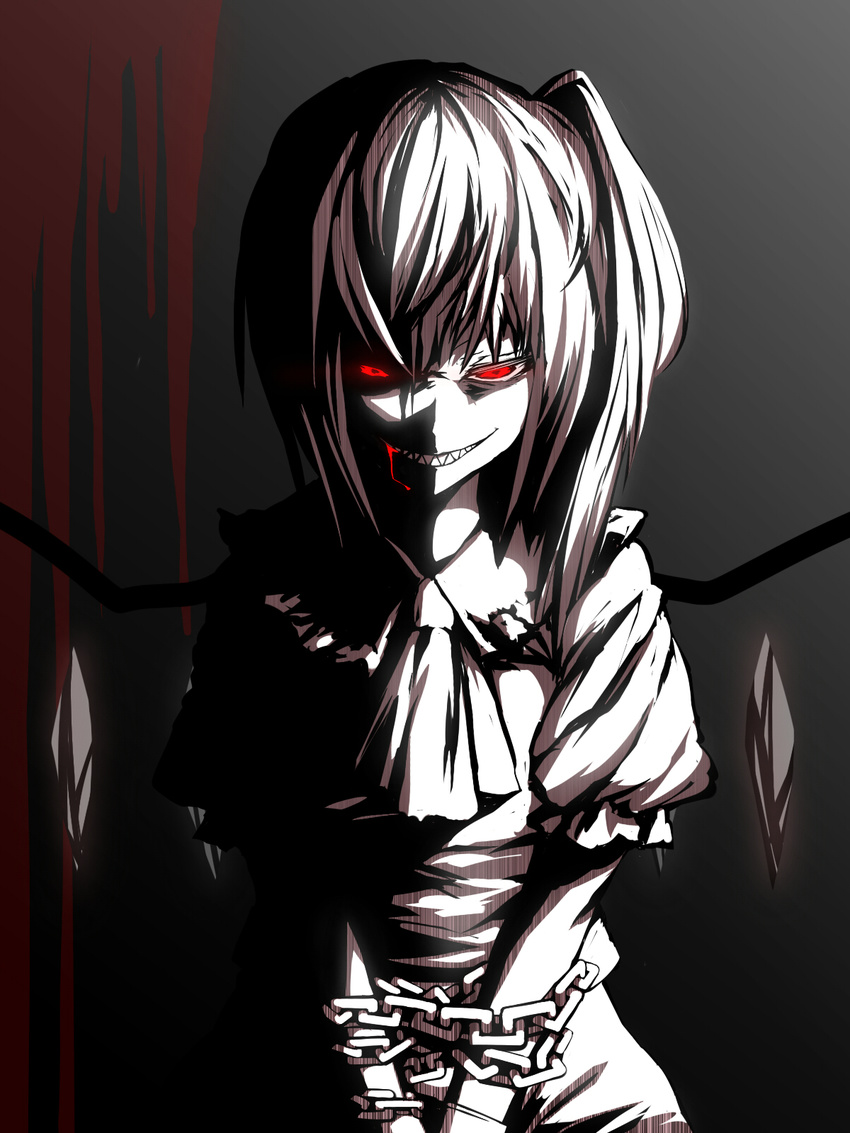 bad_id bad_pixiv_id bdsm blood bondage bound bound_wrists chain crazy evil_grin evil_smile flandre_scarlet glowing glowing_eyes grin high_contrast highres horror_(theme) izumi_sai monochrome sharp_teeth side_ponytail smile solo spot_color teeth touhou v_arms