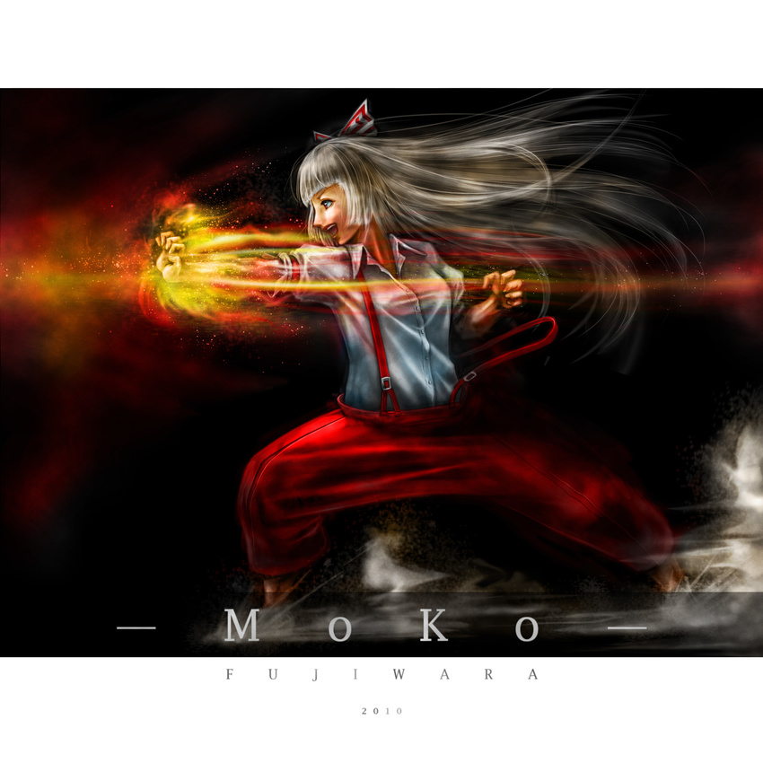 2010 absurdres bad_id bad_pixiv_id fighting_stance fire fujiwara_no_mokou highres long_hair nobuya open_mouth outstretched_arm pose profile silver_hair solo suspenders touhou wind