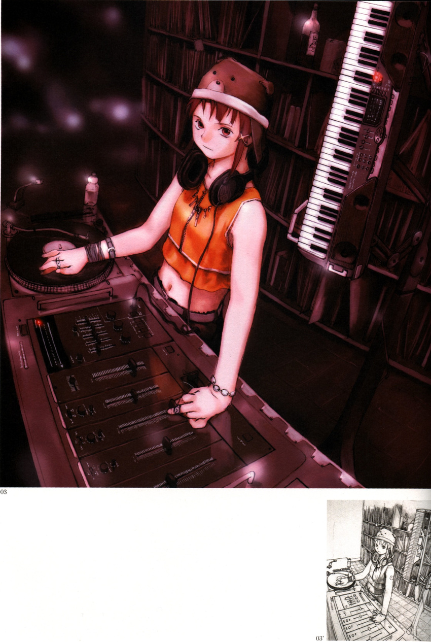 abe_yoshitoshi absurdres animal_ears artbook bear_ears bear_hat bottle bracelet brown_eyes brown_hair dj hair_ornament hairclip hat headphones headphones_around_neck highres instrument iwakura_lain jewelry keyboard_(instrument) midriff mixing_console necklace official_art partially_colored phonograph ring scan serial_experiments_lain sketch synthesizer traditional_media turntable