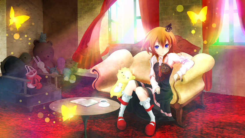 beln_(pocky) blue_eyes book brown_hair bug butterfly crown highres insect ribbon sakutarou socks solo stuffed_animal stuffed_bunny stuffed_lion stuffed_toy tea teddy_bear umineko_no_naku_koro_ni ushiromiya_maria