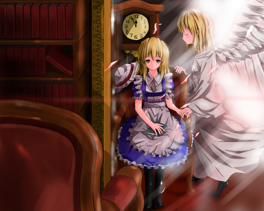 blonde_hair book chair character_request clock dual_persona empty_eyes hat hat_removed headwear_removed highres holding_hands kana_anaberal maid multiple_girls sad sitting snowfox thighhighs touhou touhou_(pc-98) wings yellow_eyes