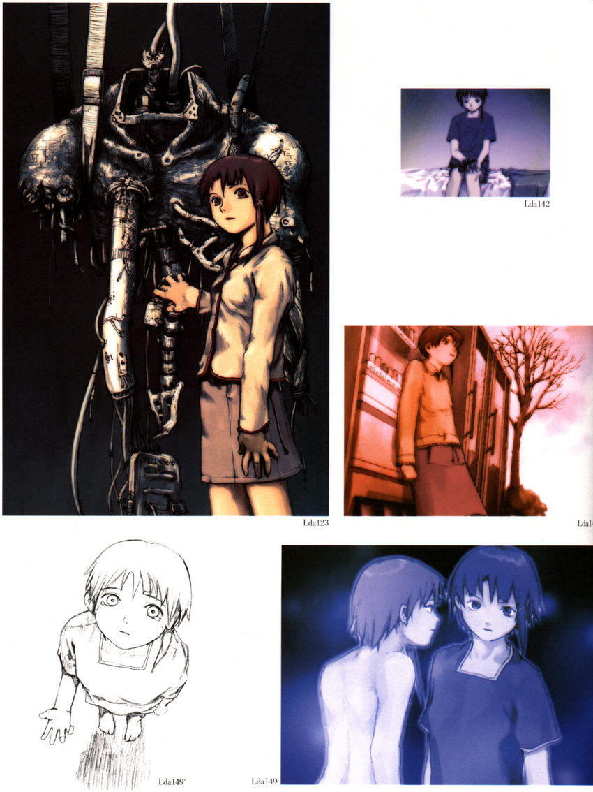 abe_yoshitoshi absurdres artbook bed brown_eyes brown_hair dual_persona dusk from_above highres iwakura_lain machine nude official_art partially_colored scan serial_experiments_lain short_hair sitting sketch skirt tears traditional_media tree vending_machine