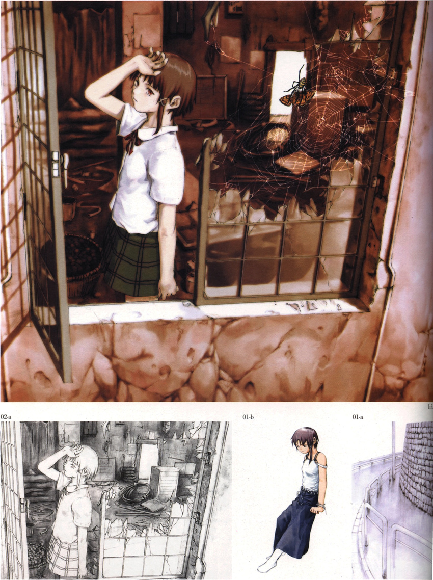 abe_yoshitoshi absurdres artbook broken broken_glass brown_eyes brown_hair bug butterfly eating from_outside glass hand_on_head highres insect iwakura_lain looking_back official_art partially_colored plaid plaid_skirt ruins scan serial_experiments_lain short_hair silk sketch skirt spider spider_web traditional_media window