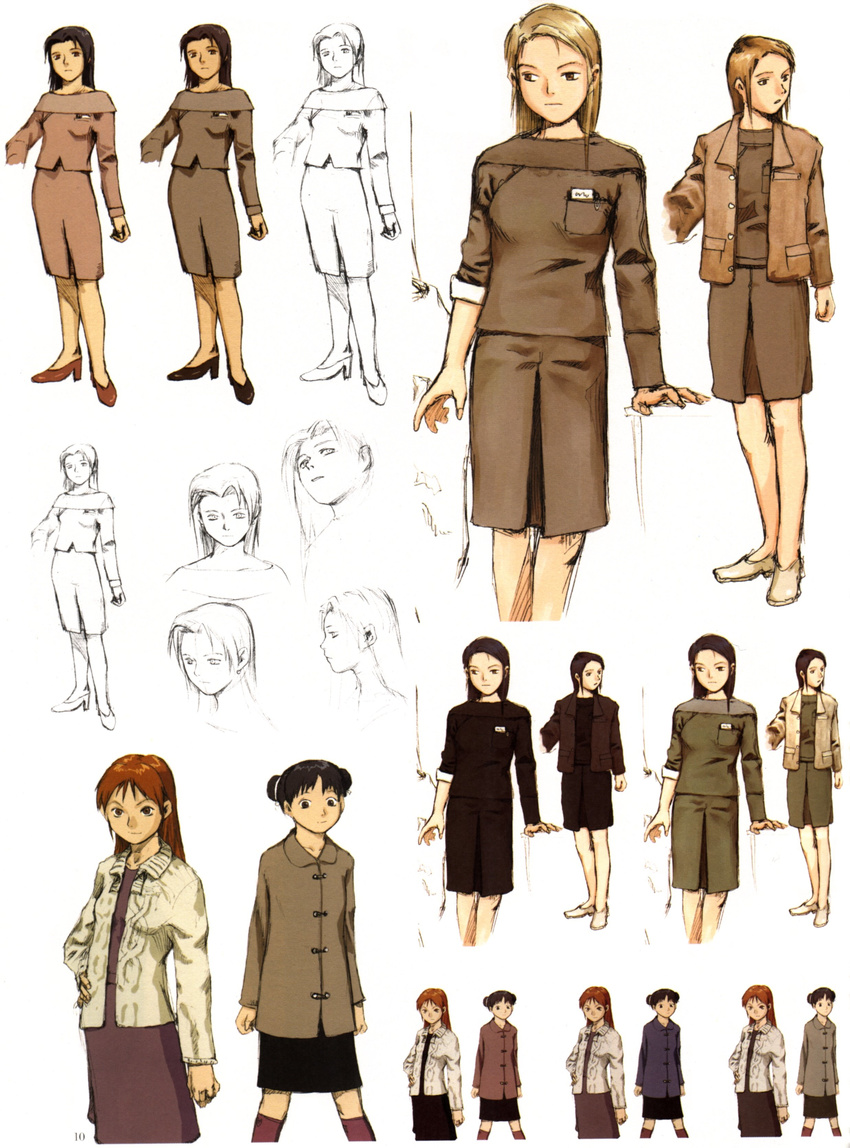 abe_yoshitoshi absurdres artbook brown brown_eyes brown_hair character_sheet coat costume_chart dress highres multiple_girls official_art partially_colored scan serial_experiments_lain short_hair sketch sweater traditional_media yonera_touko