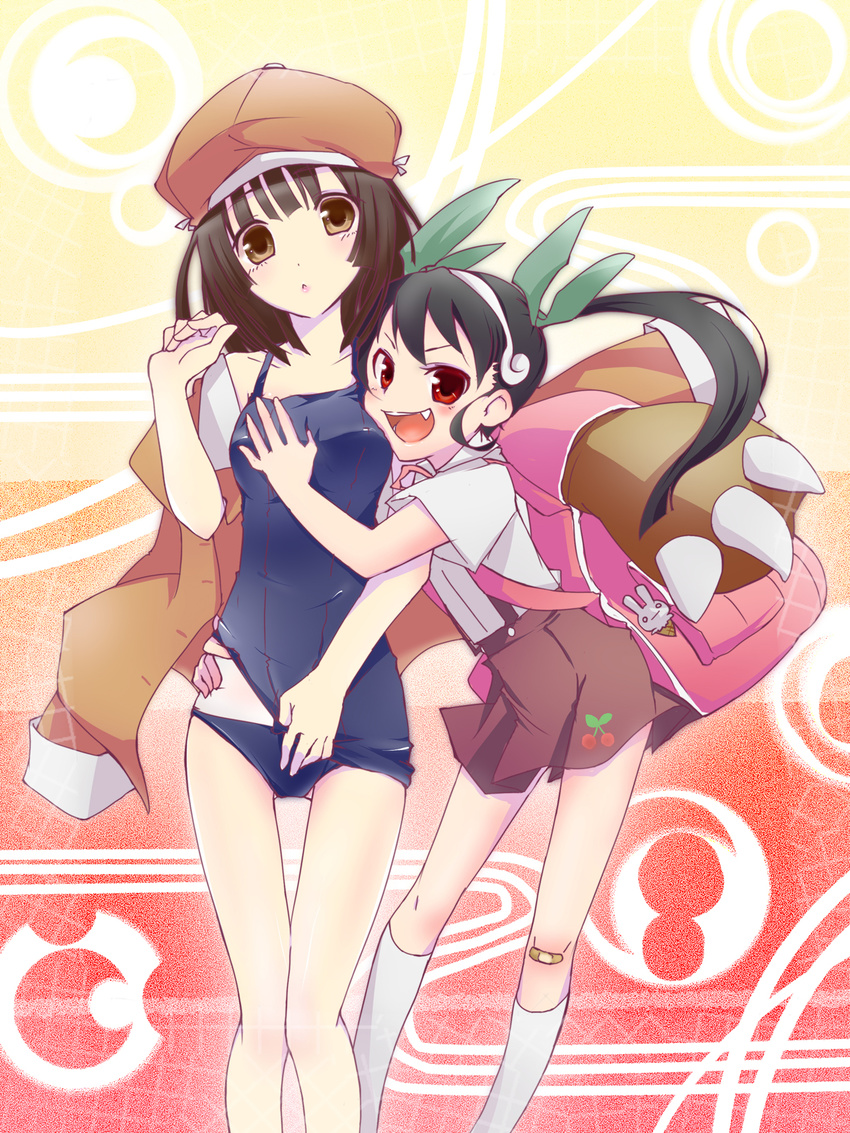 backpack bag bakemonogatari bear_claws black_hair brown_eyes brown_hair cabbie_hat fang groping hachikuji_mayoi hairband haru_aki hat highres jacket jacket_on_shoulders long_hair monogatari_(series) multiple_girls one-piece_swimsuit red_eyes school_swimsuit sengoku_nadeko short_hair swimsuit twintails yuri