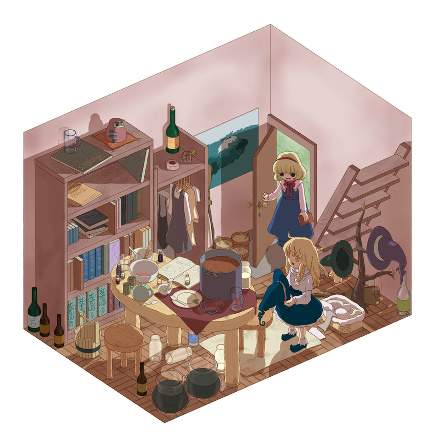 alice_margatroid blonde_hair bottle daruma_doll floorplan hat highres house interior isometric kirisame_marisa messy multiple_girls ribbon room touhou witch_hat zo_tuite