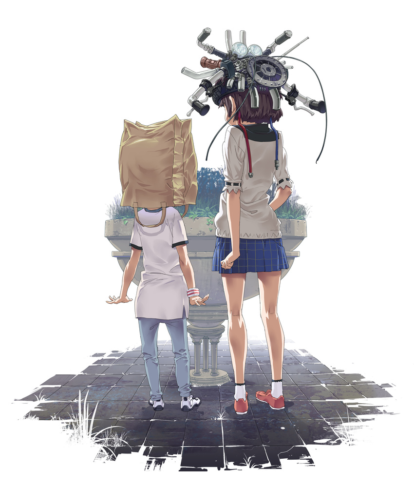 absurdres bag bag_over_head brown_hair commentary from_behind hat highres legs multiple_girls original paper_bag short_hair skirt tatsuwo wristband