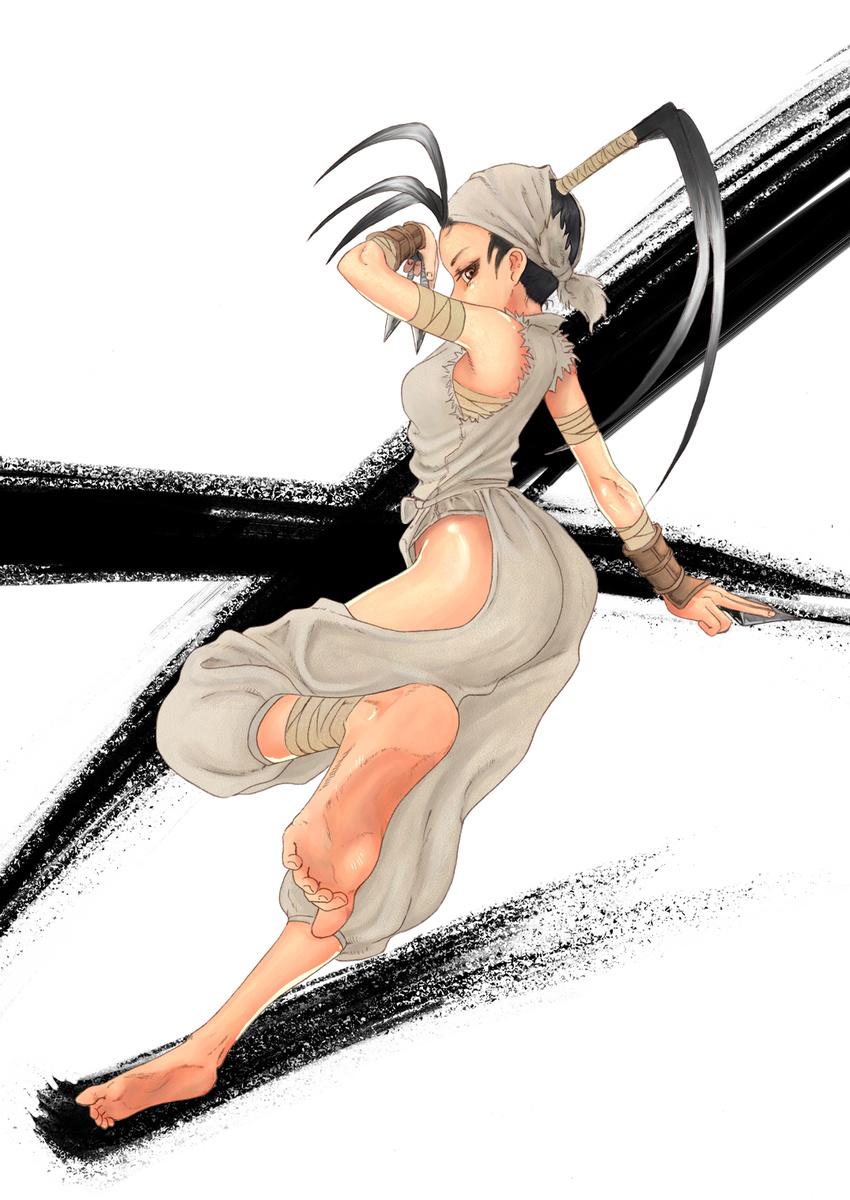 ankle_wrap bad_id bad_pixiv_id bandages barefoot brown_eyes brown_hair dirty_feet feet hasegawa_yuu highres hip_vent ibuki_(street_fighter) knife kunai long_hair ninja ponytail sarashi soles solo street_fighter weapon