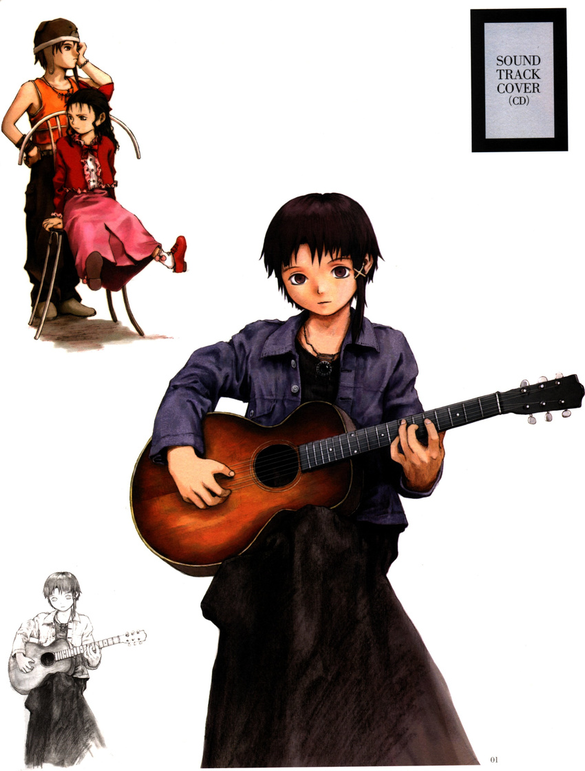 abe_yoshitoshi absurdres acoustic_guitar artbook brown_eyes brown_hair chair guitar hair_ornament hairclip hat highres instrument iwakura_lain jacket jewelry masayuki multiple_girls myu-myu necklace official_art partially_colored scan serial_experiments_lain short_hair sitting sketch tank_top traditional_media
