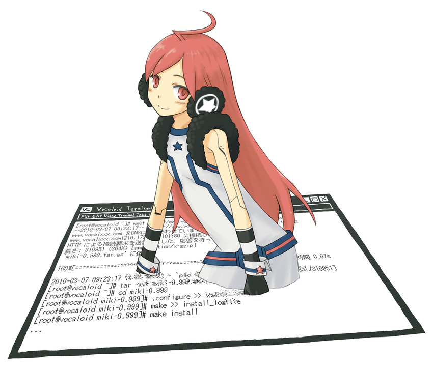 ahoge android belt blush dress gloves headphones long_hair red_eyes red_hair robot_joints rukah sf-a2_miki smile solo star striped striped_gloves terminal through_screen very_long_hair vocaloid window_(computing) wrist_cuffs
