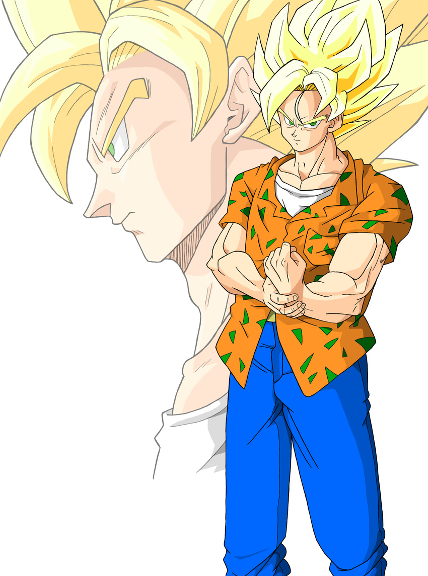 &gt;:) absurdres blonde_hair casual clenched_hand collarbone denim dragon_ball dragon_ball_z for-somebody green_eyes highres jeans male_focus muscle pants smile solo son_gokuu spiked_hair super_saiyan v-shaped_eyebrows