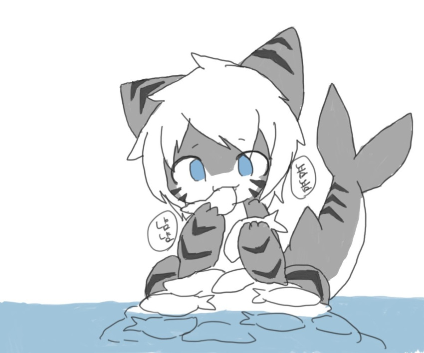 ambiguous_gender anthro blue_eyes blush changed_(video_game) chano cub digital_media_(artwork) eating fin fish grey_skin hair korean_text looking_at_viewer mammal marine multicolored_skin shark smile solo tail_fin text the_shark_(changed) translated water young