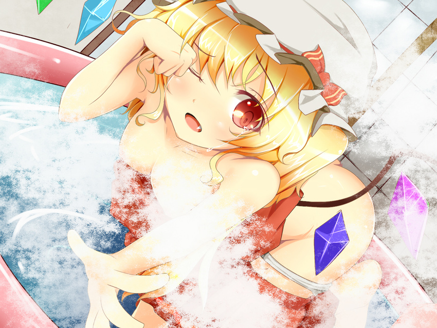 ass bent_over blonde_hair breasts censored convenient_censoring fang flandre_scarlet fukunaga_kazuhiro hat medium_breasts nude off_shoulder one_eye_closed open_mouth panties panty_pull red_eyes side_ponytail skirt skirt_pull solo steam steam_censor tears touhou underwear wings