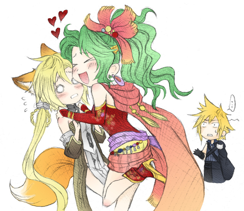 1boy 2girls animal_ears bare_shoulders blonde_hair blush boots braid cape chibi closed_eyes cloud_strife detached_sleeves dissidia_final_fantasy earrings final_fantasy final_fantasy_vi final_fantasy_vii final_fantasy_vii_advent_children first_ken fox_ears fox_tail gloves green_hair hair_ornament happy heart high_heels jewelry long_hair long_sleeves multiple_girls open_mouth personification ponytail shinzui_(fantasysky7) shoes sweatdrop tail tina_branford very_long_hair